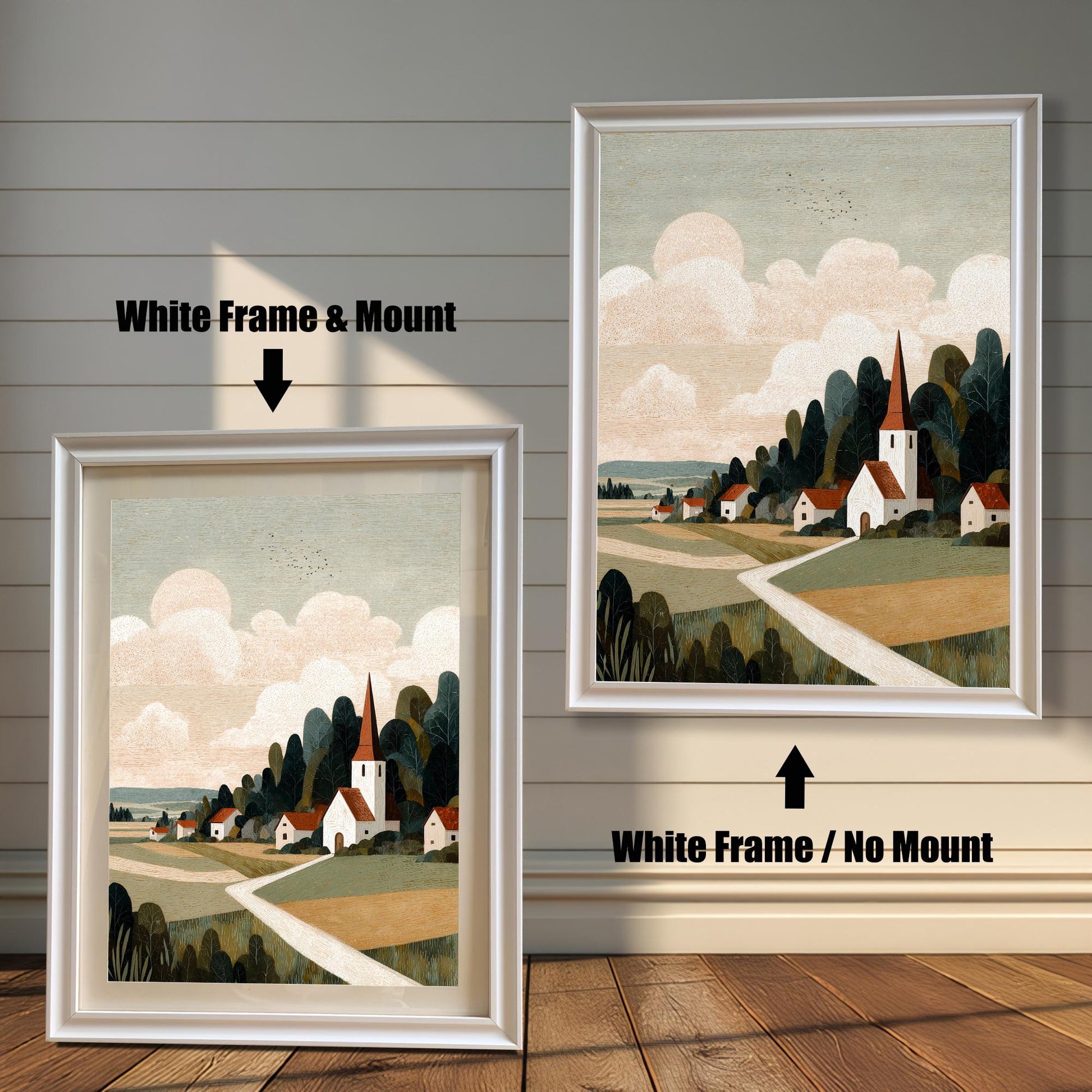 Product comparison showing the landscape art in a ""White Frame & Mount"" versus a ""White Frame / No Mount"" on a white paneled wall.