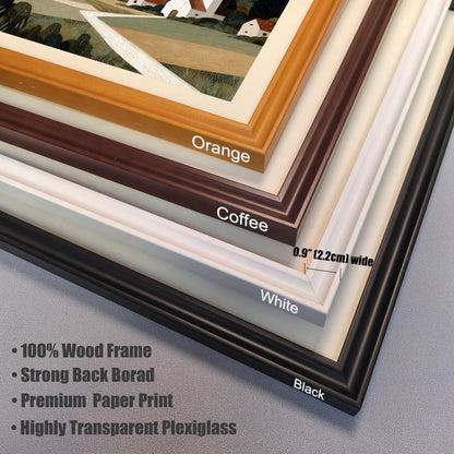 Close-up detail of four frame corner samples (Orange, Coffee, White, Black) with text highlighting 100% wood frame and premium materials.