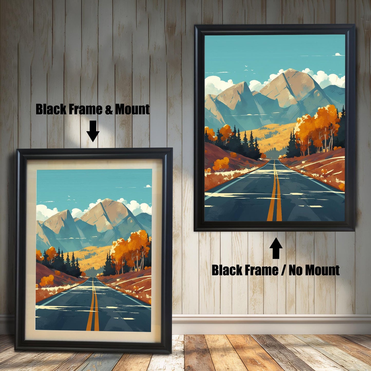Comparison of the autumn mountain road art print in two styles: Black Frame with white Mount and Black Frame with No Mount.
