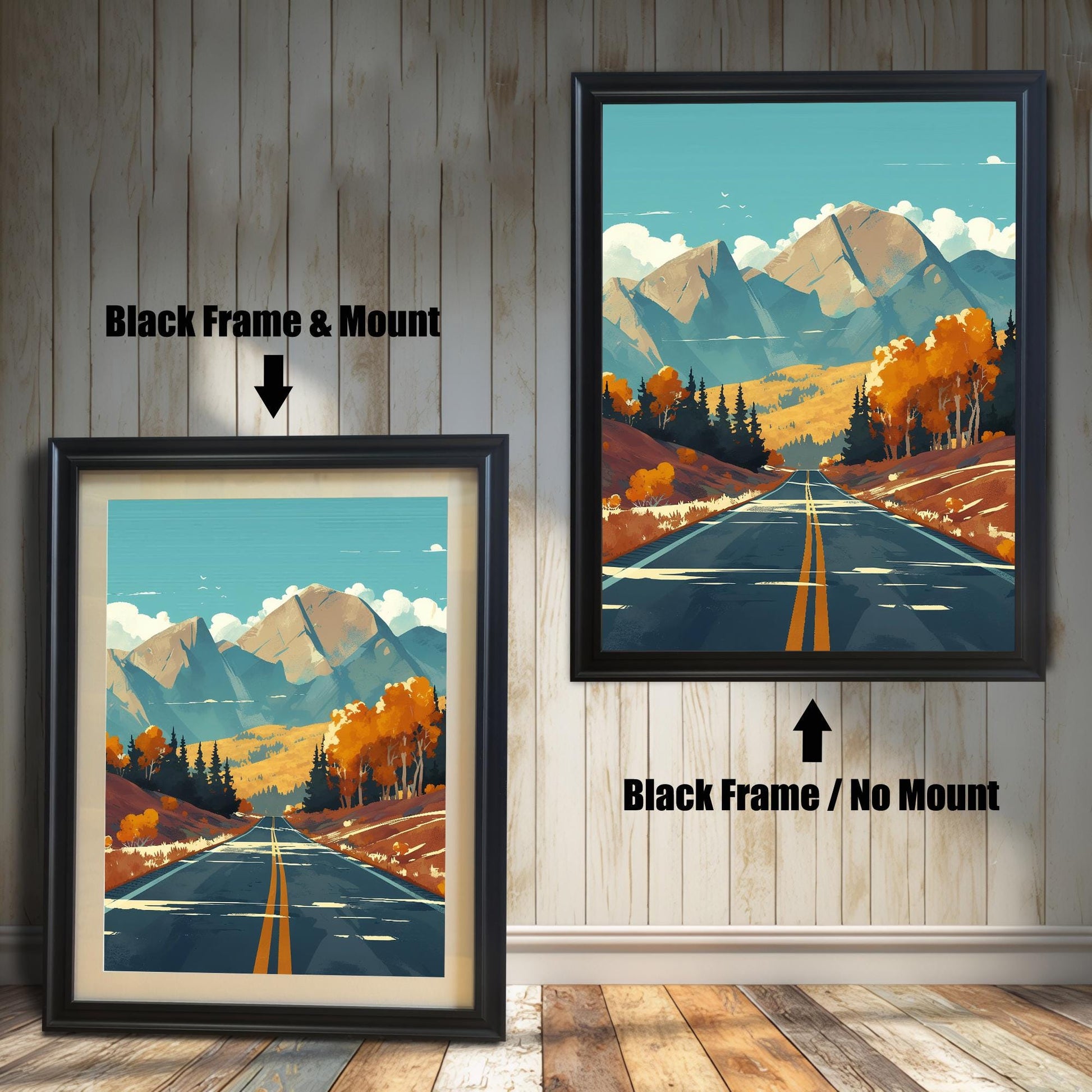 Comparison of the autumn mountain road art print in two styles: Black Frame with white Mount and Black Frame with No Mount.