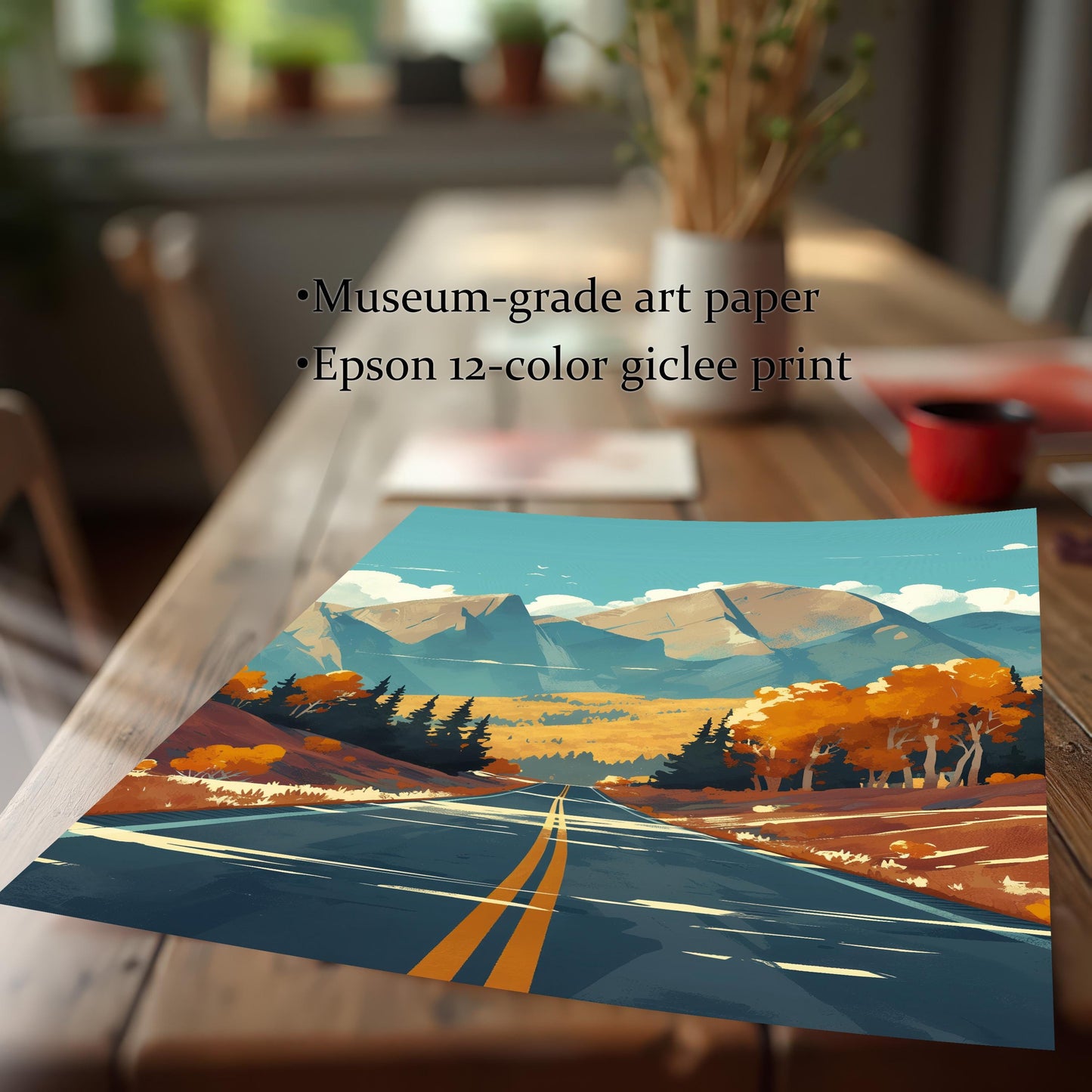 Close-up of a museum-grade art paper print featuring an Epson 12-color giclee print of an autumn mountain landscape on a wooden table.