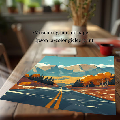 Close-up of a museum-grade art paper print featuring an Epson 12-color giclee print of an autumn mountain landscape on a wooden table.