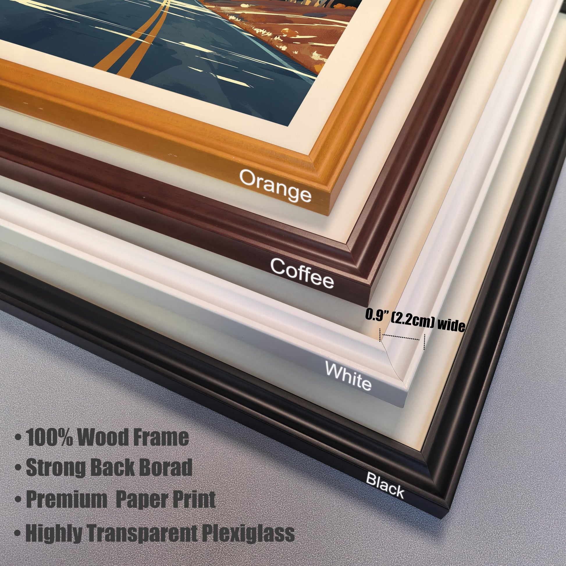Close-up detail of frame materials showing 100% wood frames in Orange, Coffee, White, and Black colors, including plexiglass and 0.9-inch frame width details