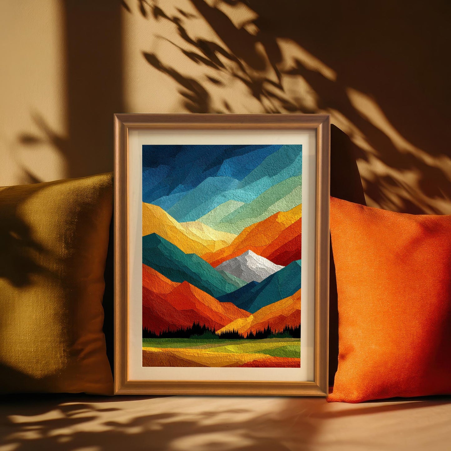 Abstract mountain wall art in an orange wood frame, styled with warm-toned pillows and dramatic leaf shadows for a cozy aesthetic.
