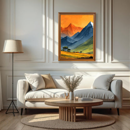 A large, orange-framed mountain landscape print hung centrally on a white paneled wall above a modern white sofa and a round wooden coffee table in a bright, sunlit room.