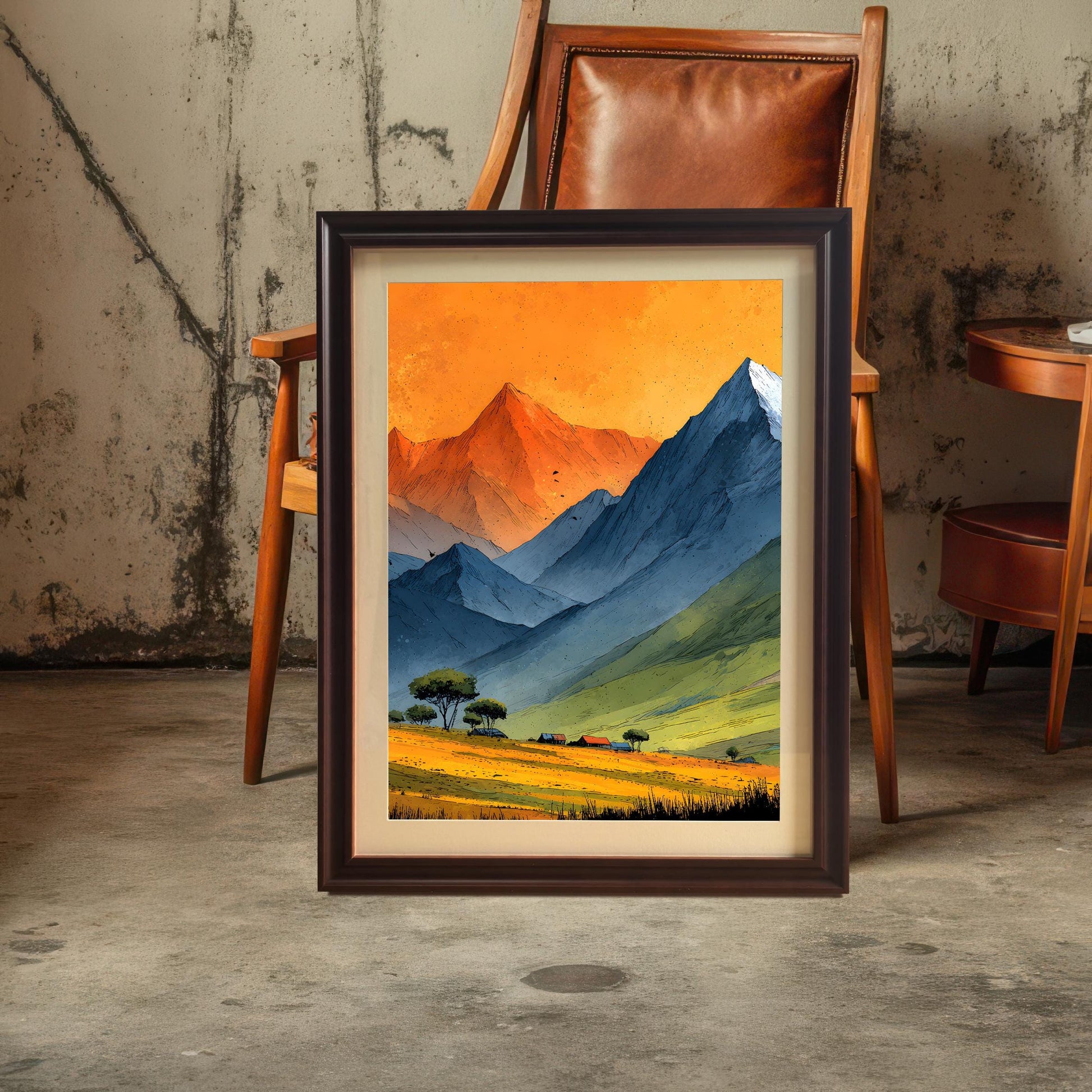 The mountain landscape artwork in a coffee wood frame with a cream-colored mount, displayed on a concrete floor in front of a mid-century modern leather chair and side table.