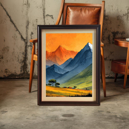The mountain landscape artwork in a coffee wood frame with a cream-colored mount, displayed on a concrete floor in front of a mid-century modern leather chair and side table.