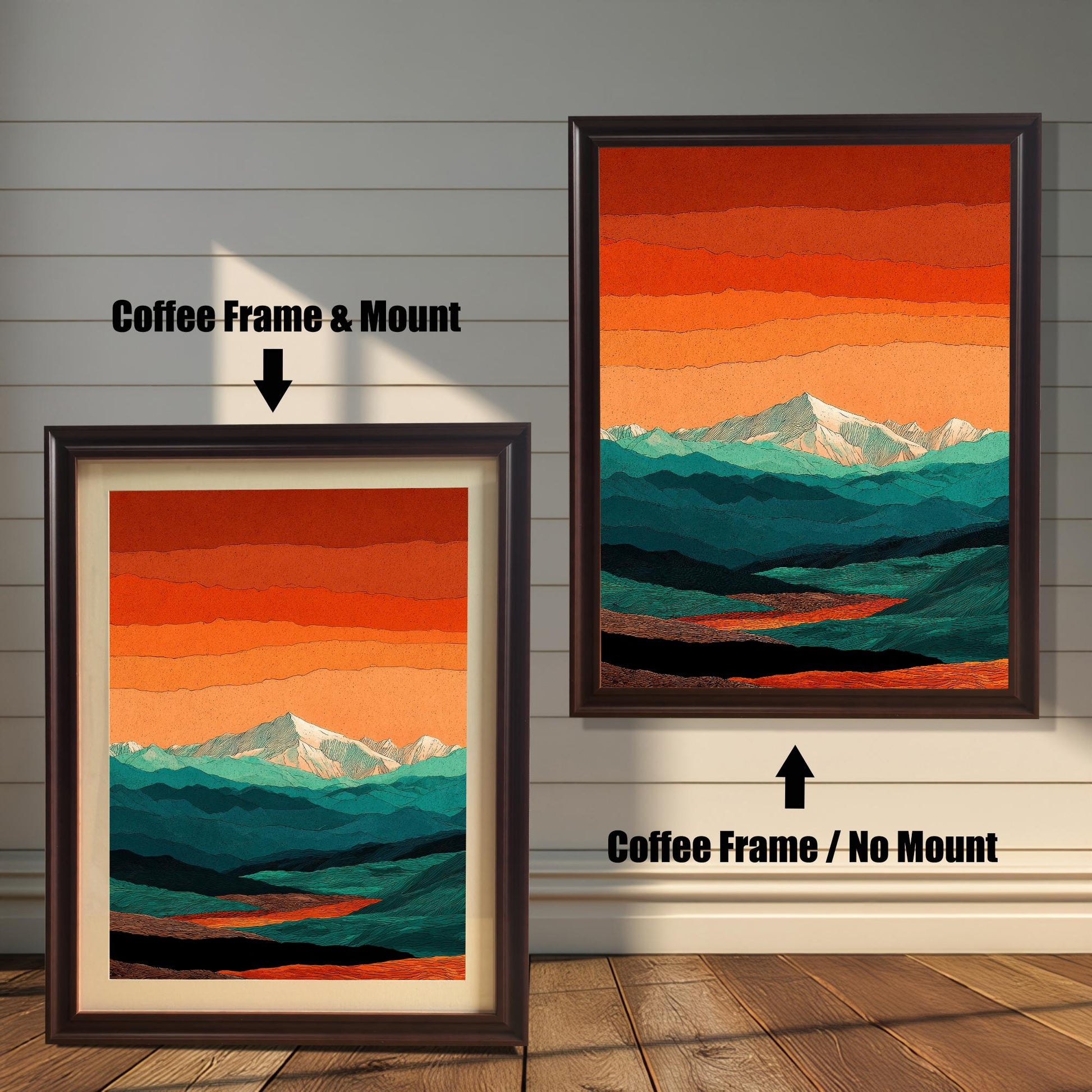 Comparison of a coffee-colored wood frame with a cream mount/matting versus the same coffee frame without a mount, featuring an orange and teal mountain landscape.