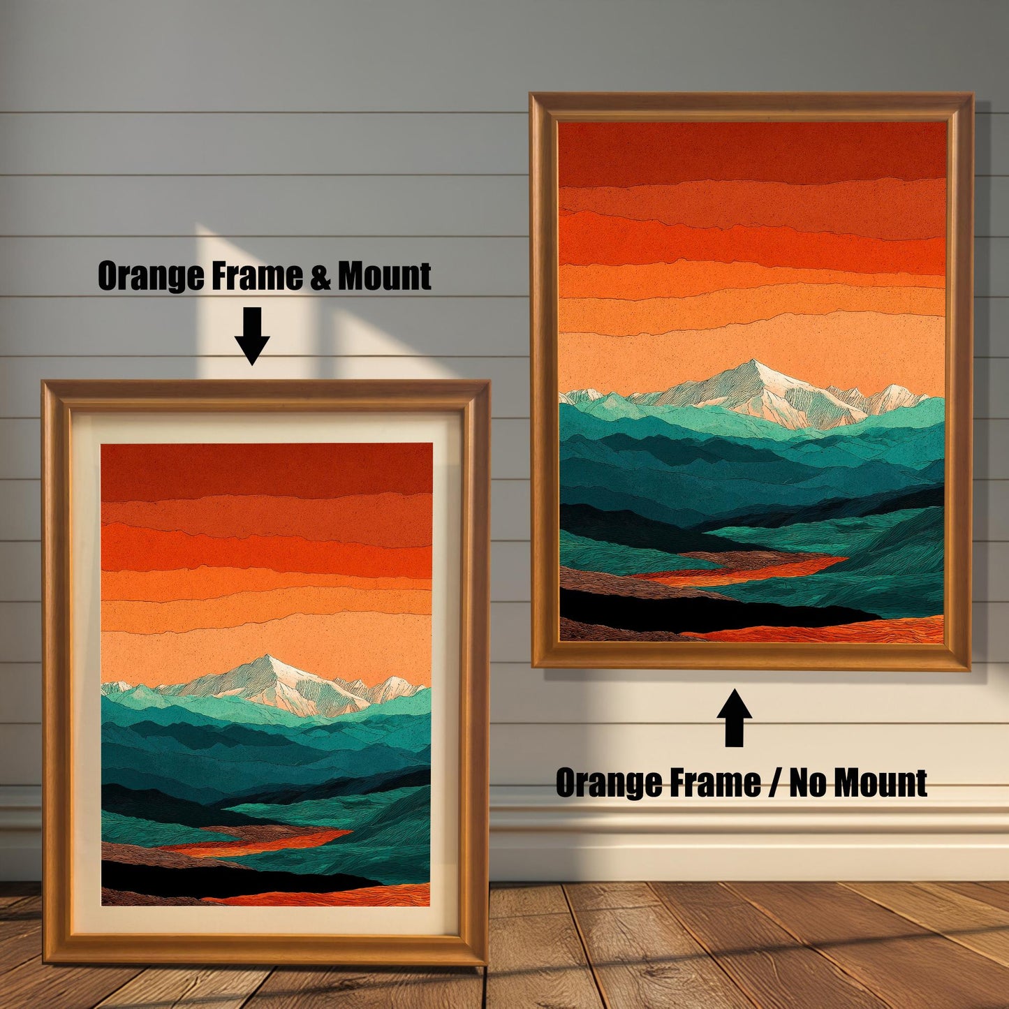 Comparison of an orange-toned wood frame with a mount versus the same orange frame without a mount, showcasing a vibrant sunset mountain art print.