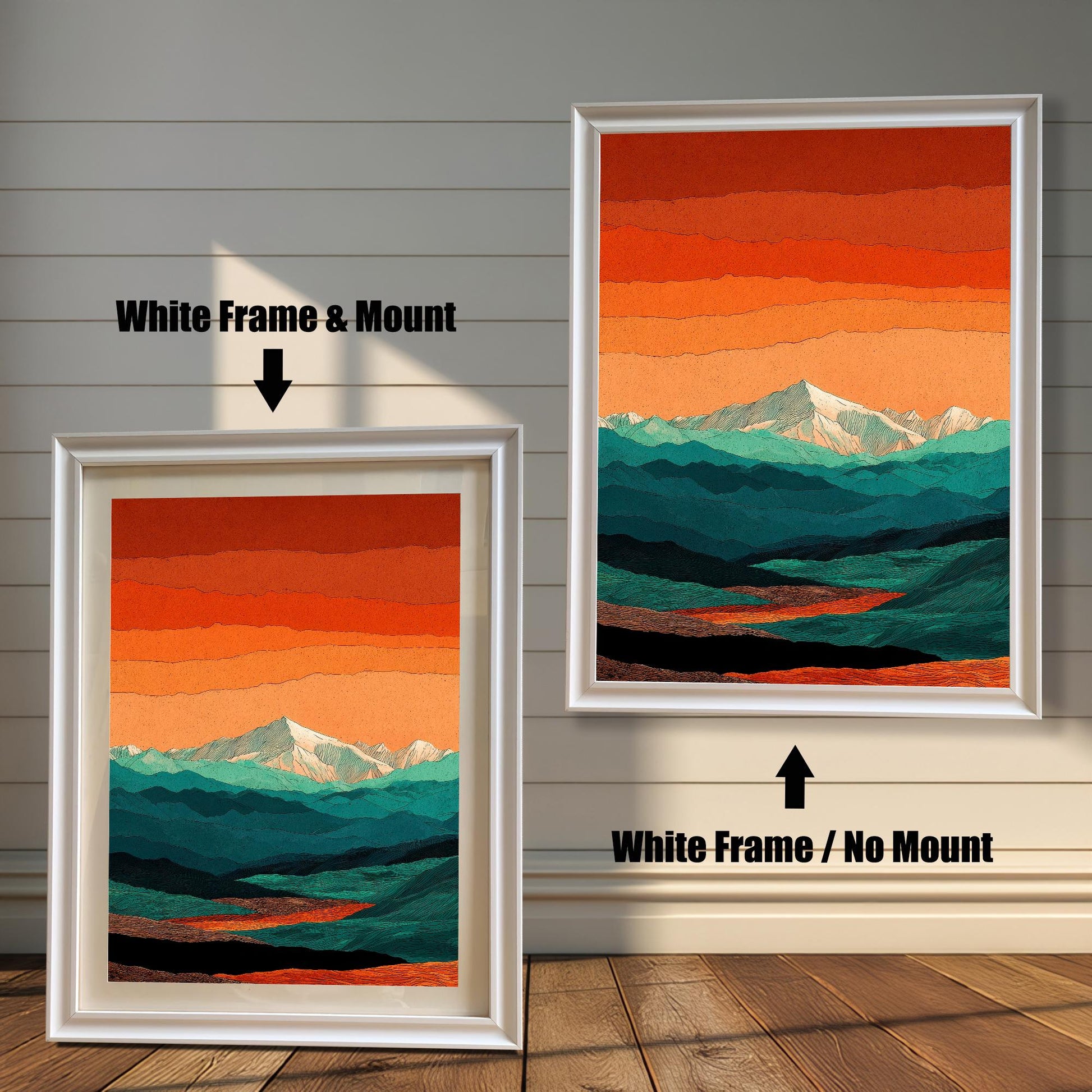Comparison of a sleek white wood frame with a mount versus the same white frame without a mount for a modern minimalist look.