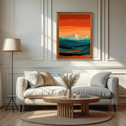 An orange-framed landscape print centered above a white sofa in a bright, sunlit living room with modern decor and a wooden coffee table.