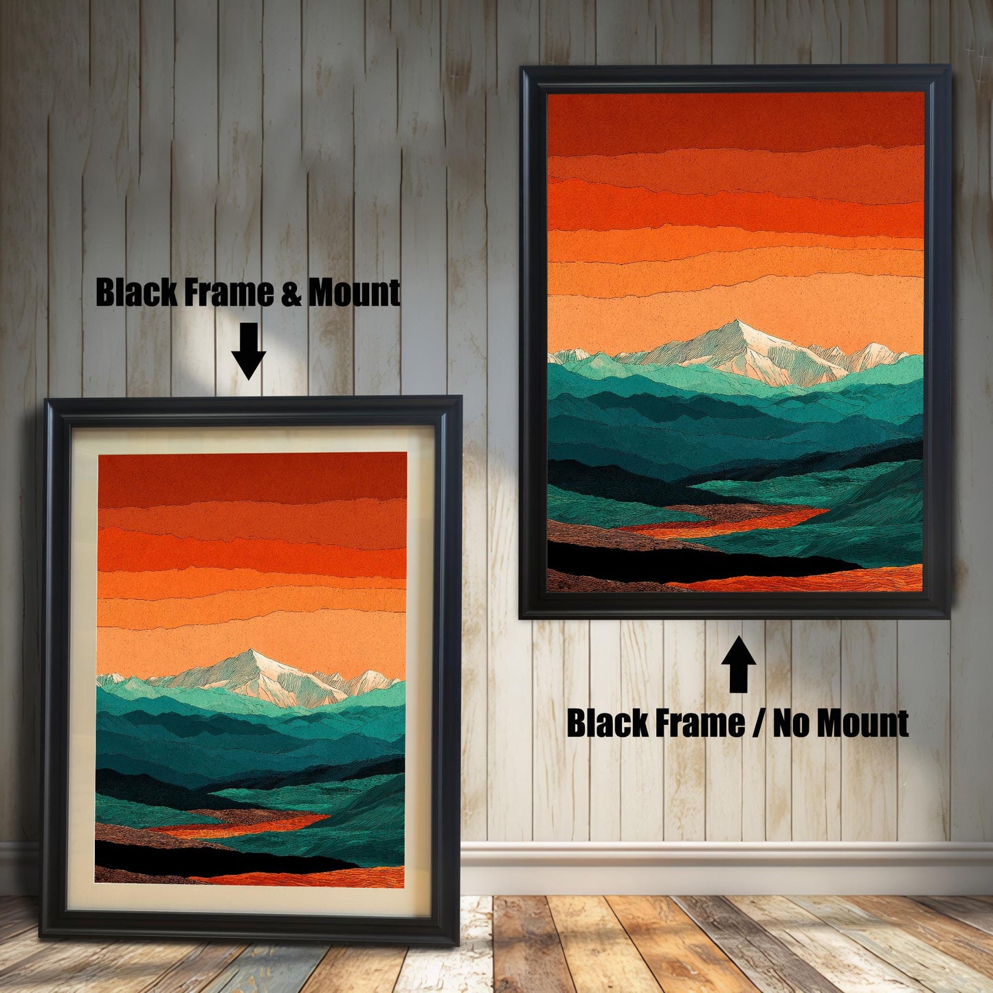 Comparison of a classic black wood frame with a mount versus a black frame without a mount, emphasizing the bold contrast with the colorful artwork.
