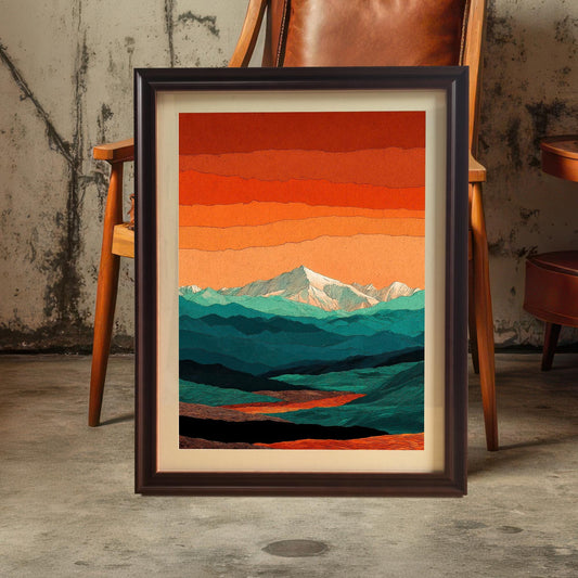 A coffee wood framed mountain print with a mount displayed on a concrete floor in front of a vintage leather chair and rustic concrete wall.