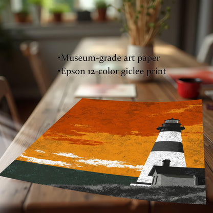 Close-up of a lighthouse art print on museum-grade textured paper, showcasing the vibrant Epson 12-color giclee print quality on a wooden table.