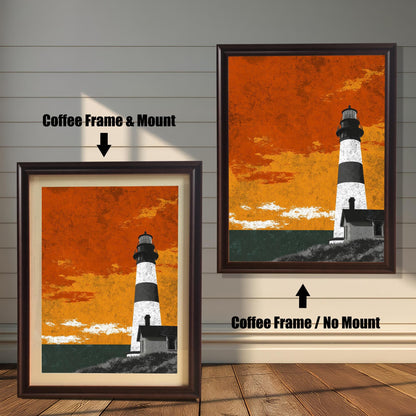 Comparison of a dark ""Coffee"" brown wood-framed lighthouse print with a white mount (left) versus without a mount (right) in a bright room.