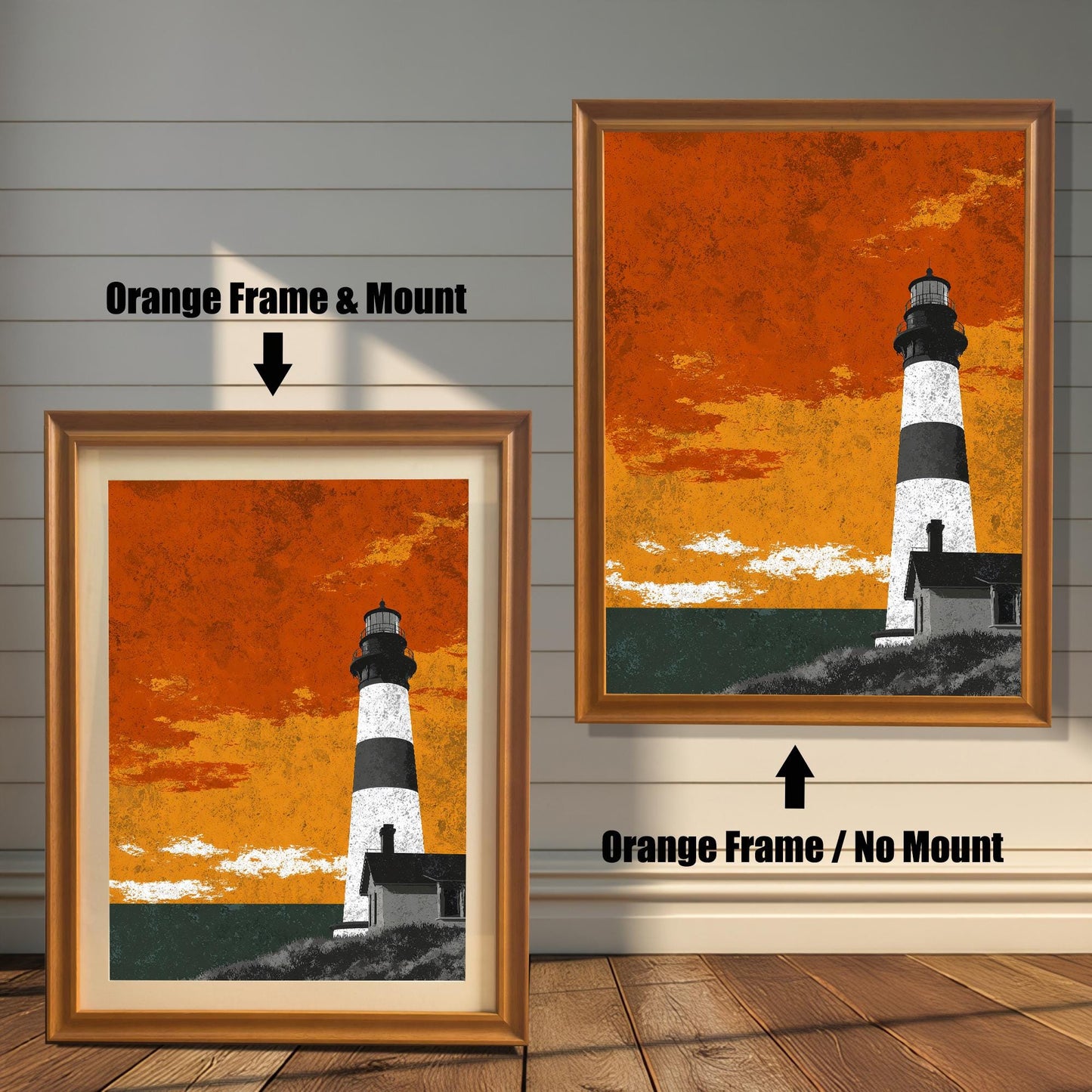 Comparison of an ""Orange"" honey-toned wood-framed lighthouse print with a white mount (left) versus without a mount (right) against a white shiplap wall.