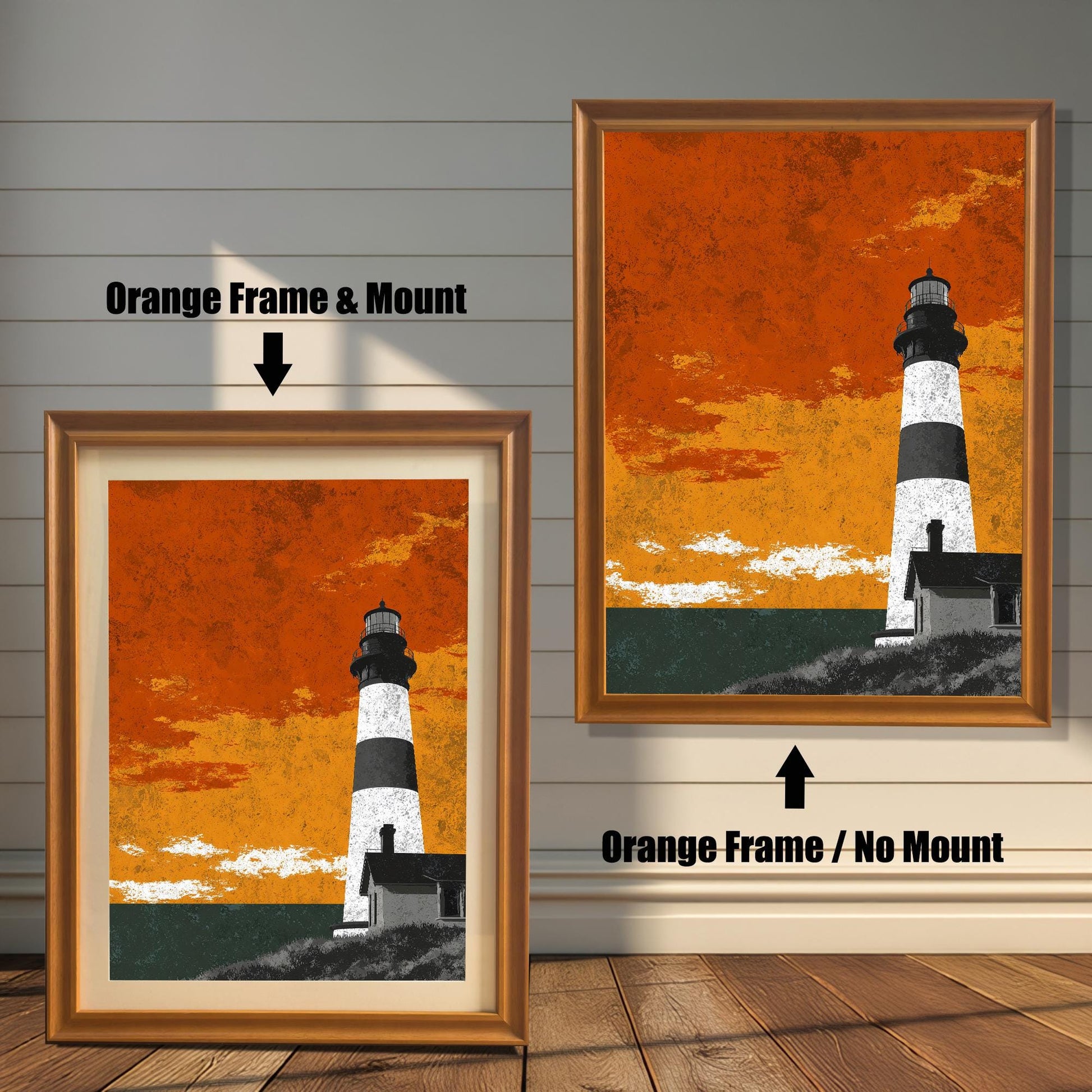 Comparison of an ""Orange"" honey-toned wood-framed lighthouse print with a white mount (left) versus without a mount (right) against a white shiplap wall.