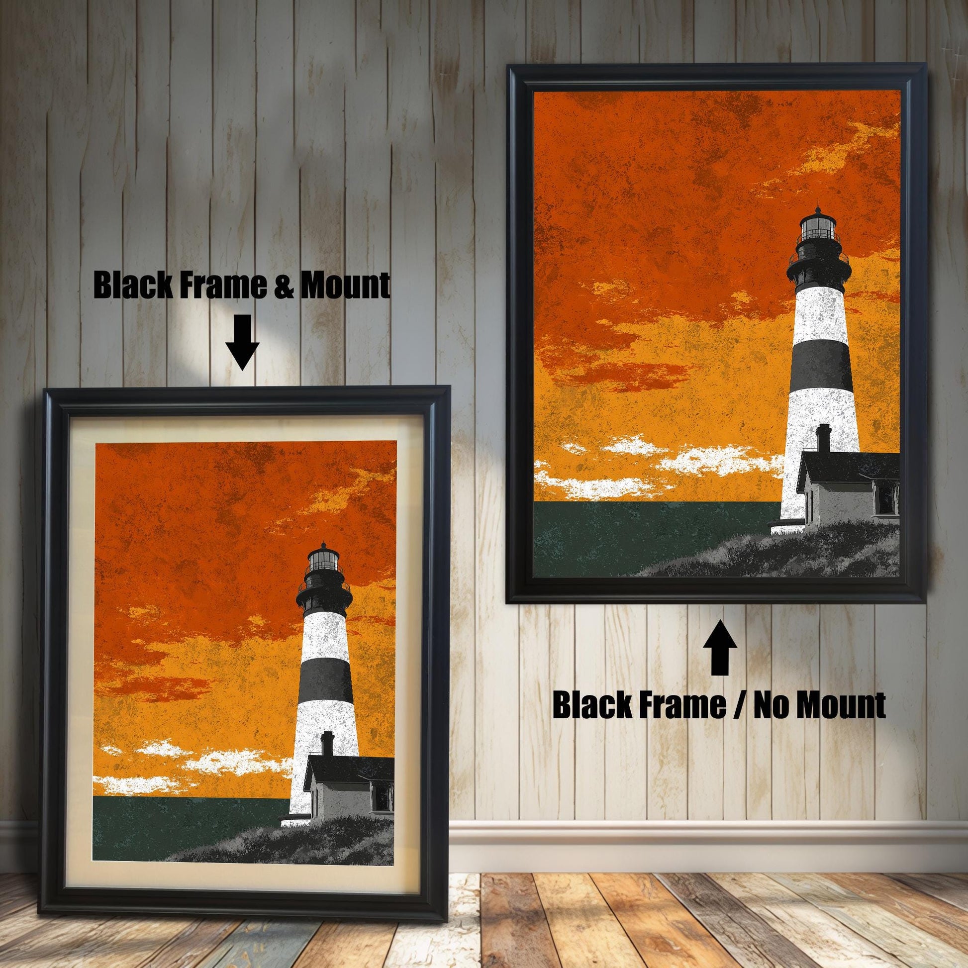 Comparison of a black wood-framed lighthouse print with a white mount (left) and without a mount (right) against a rustic light wood paneled wall.