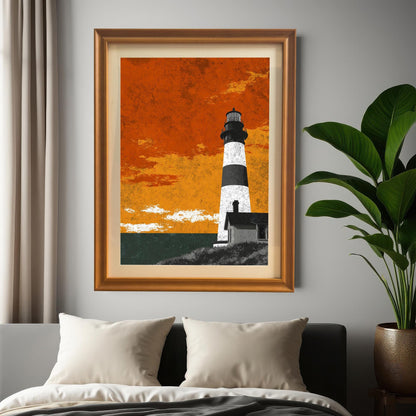 Orange-toned lighthouse wall art in a honey wood frame hanging above a bed with white pillows, styled with a large green potted plant.