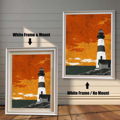 Comparison of a white wood-framed lighthouse print with a white mount (left) and without a mount (right) against a white wall with natural sunlight.