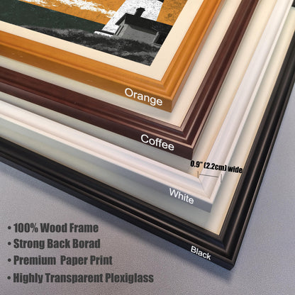 Close-up detail of four stacked wooden frame corner samples in Orange, Coffee, White, and Black, highlighting the 0.9-inch frame width and plexiglass.