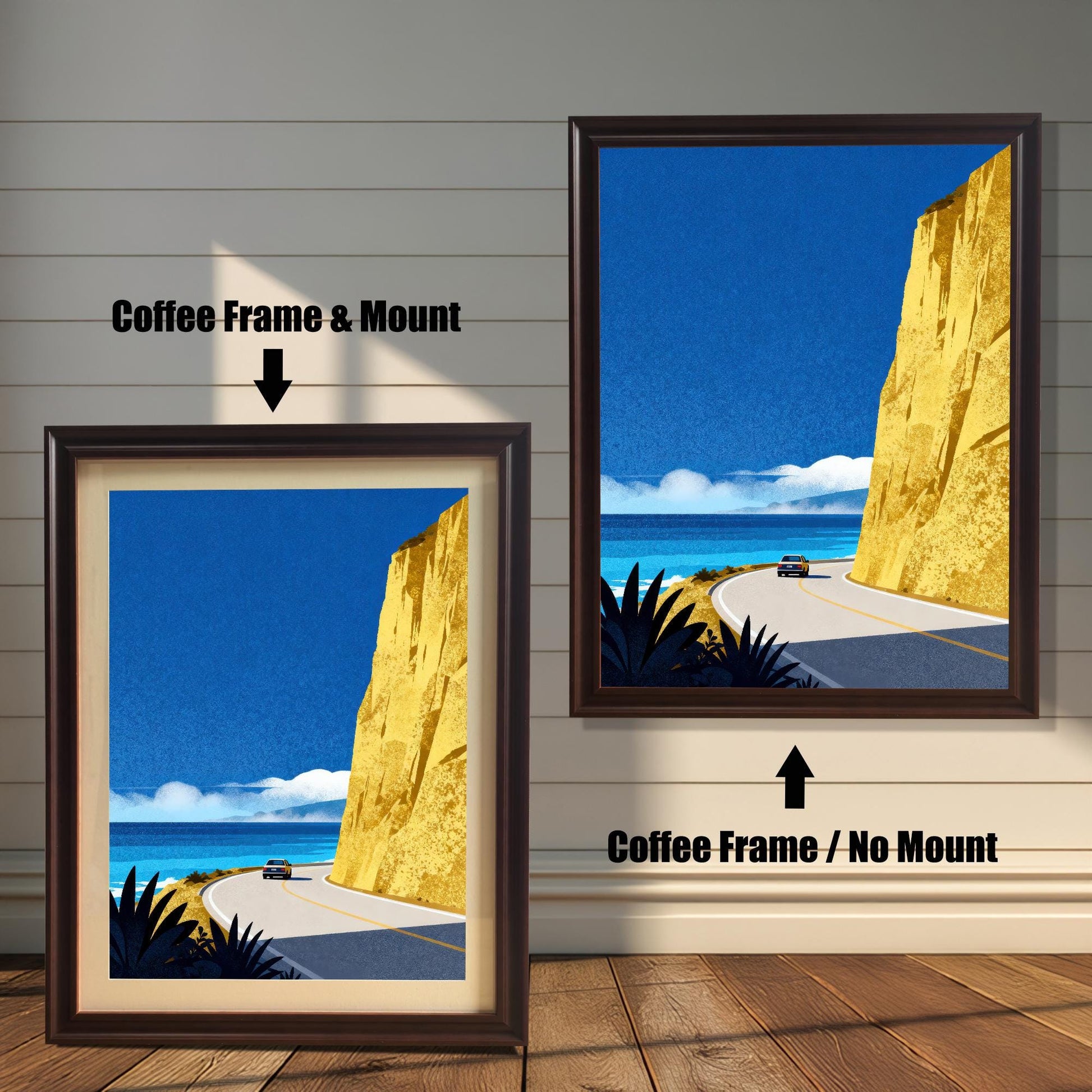 Comparison of two coffee-brown wood-framed prints: one featuring a cream-colored mat board (mount) and one showing the full-bleed art without a mount.