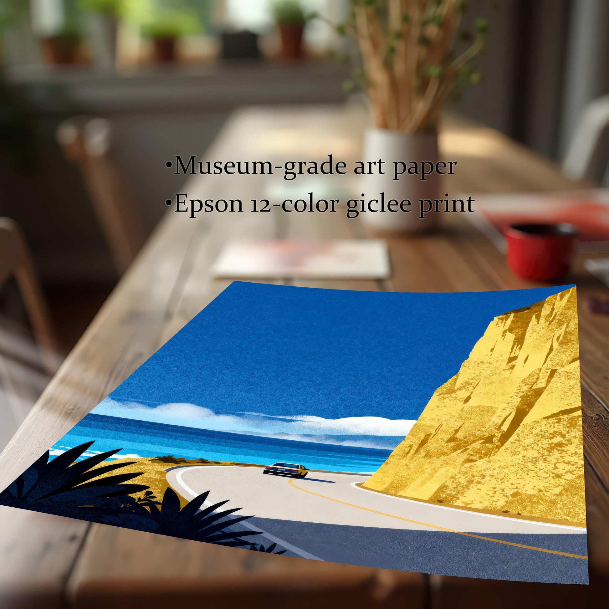 Close-up of a high-quality giclee art print on a wooden table, highlighting the "Museum-grade art paper" and "Epson 12-color giclee print" quality.