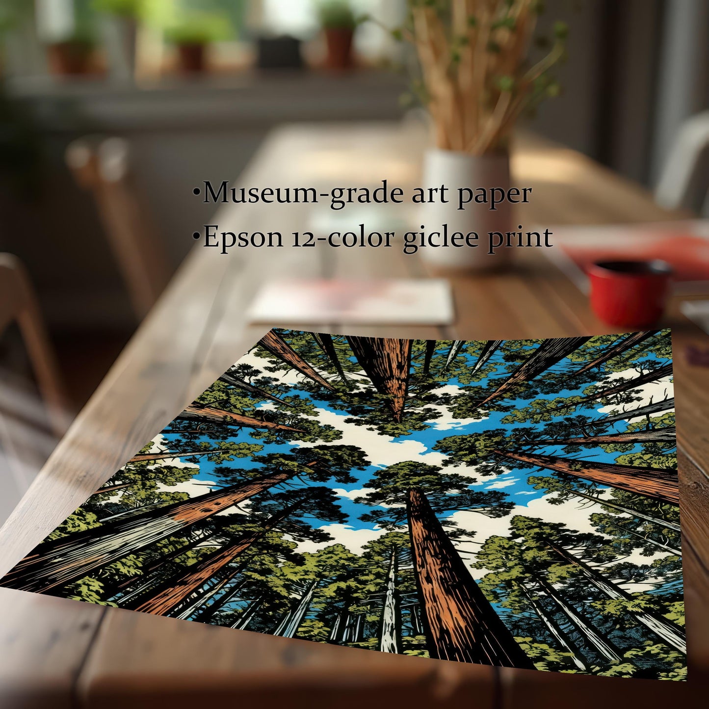 Close-up of a museum-grade art paper print featuring high-quality Epson 12-color giclee printing of a giant redwood forest.