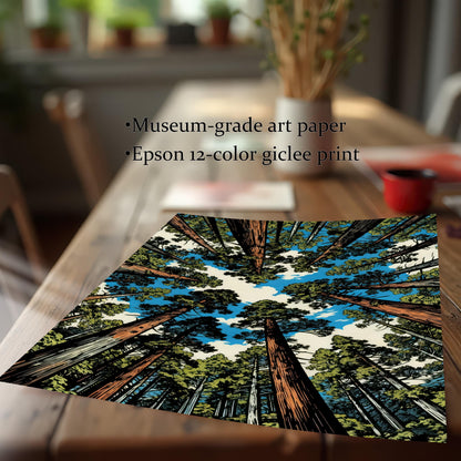 Close-up of a museum-grade art paper print featuring high-quality Epson 12-color giclee printing of a giant redwood forest.