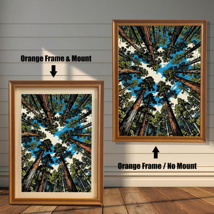 Coffee brown wood framed nature print displayed with and without a white mat board to show interior design versatility.