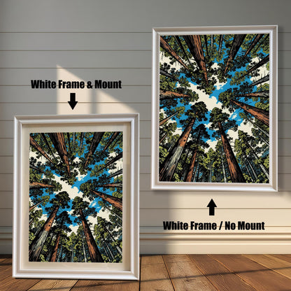 Modern white wood frame versions of the forest illustration, comparing the clean look of the frame with a white mount versus no mount.