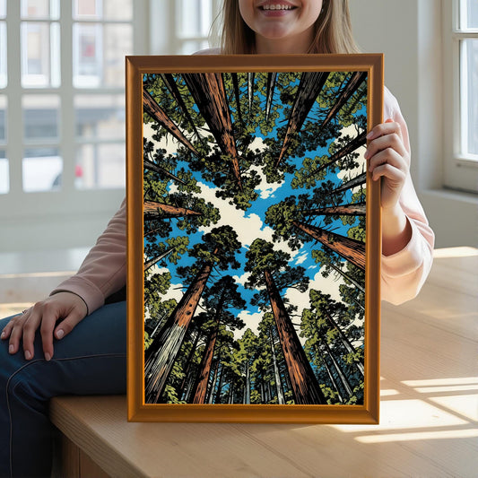 A woman holding a large orange wood framed art print of a sequoia forest to show scale, sitting in a bright, sun-drenched room.