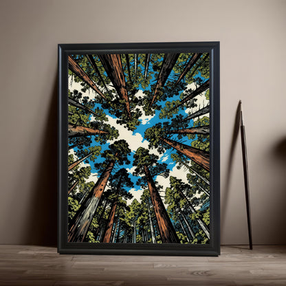 Vertical black wood framed wall art featuring a towering sequoia forest illustration from a worm's-eye view against a blue sky, leaning against a neutral wall.