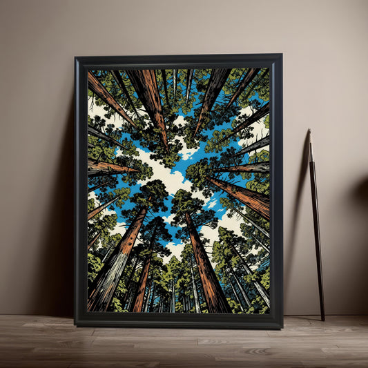 Vertical black wood framed wall art featuring a towering sequoia forest illustration from a worm's-eye view against a blue sky, leaning against a neutral wall.