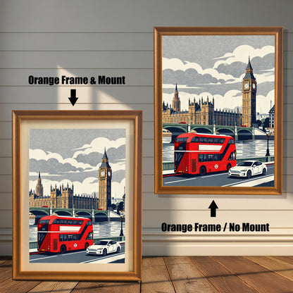 Side-by-side view of "Orange" wood frames containing a London illustration, highlighting the options for an inner white mount or a full-bleed frame without a mount.