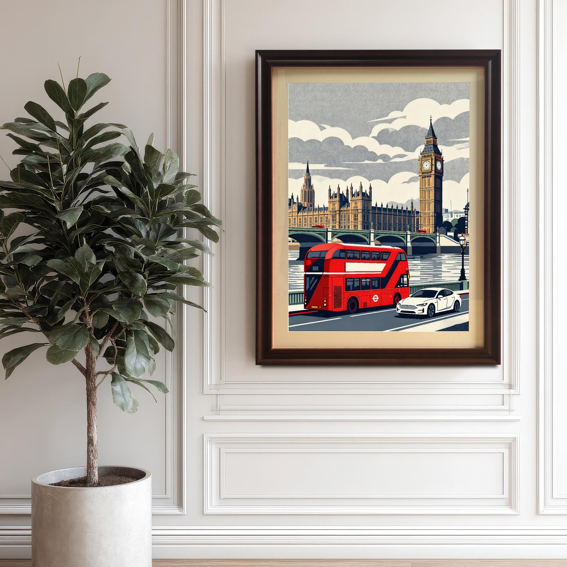 A coffee-brown wood-framed London art print with an inner cream mount, hanging on a decorative white wainscoted wall next to a large green indoor plant in a concrete pot.