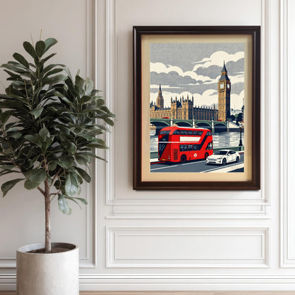 A coffee-brown wood-framed London art print with an inner cream mount, hanging on a decorative white wainscoted wall next to a large green indoor plant in a concrete pot.
