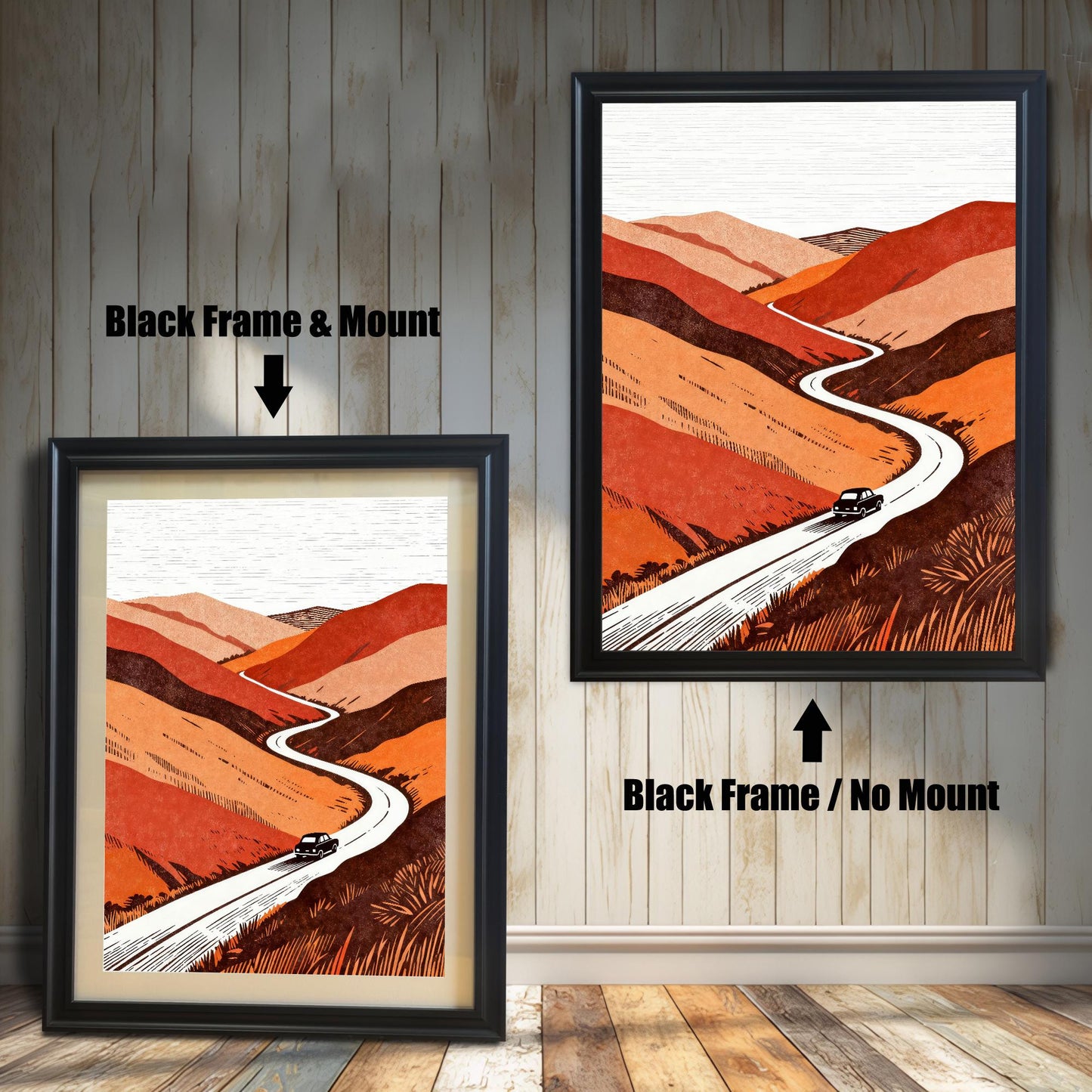 Two versions of a black-framed art print side-by-side: one featuring an off-white mat (mount) and one without a mat, showing the full-bleed print.