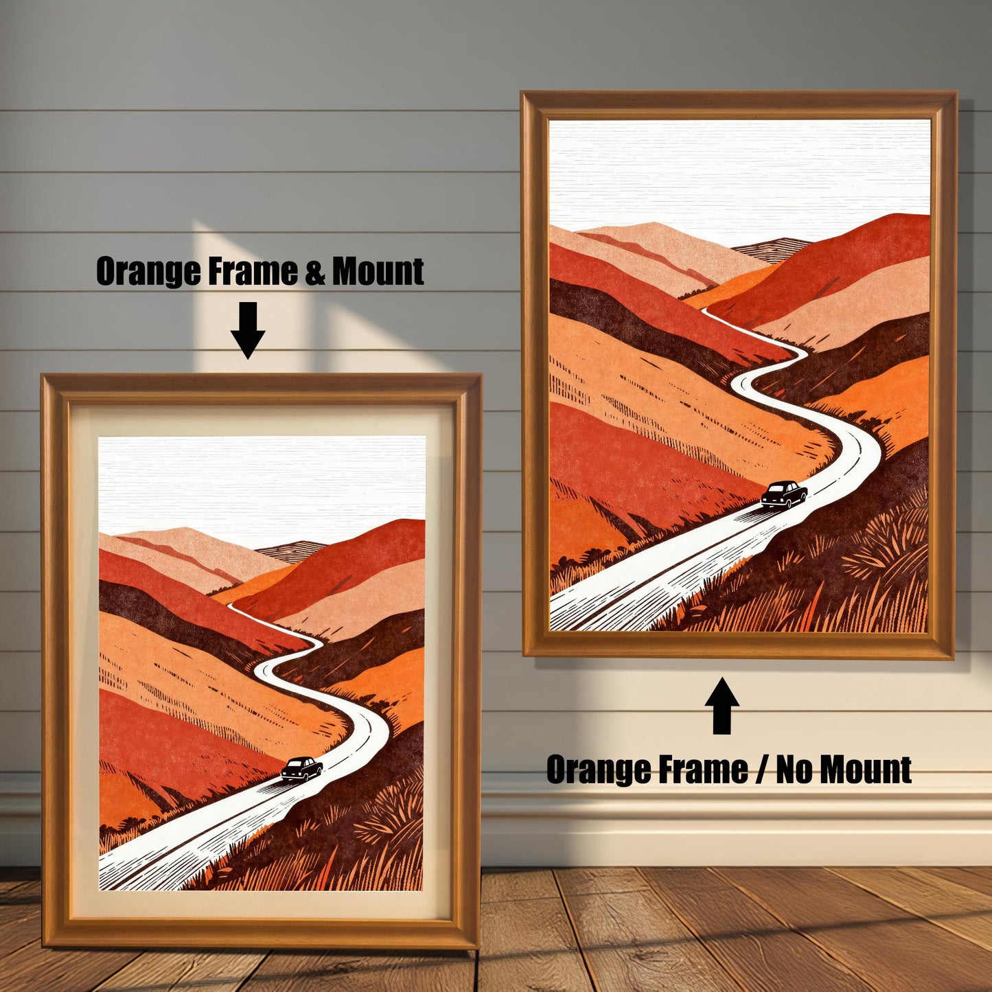 Comparison of the orange-toned landscape print in "Orange" wood frames, showing both the matted and non-matted framing styles against a white paneled wall.
