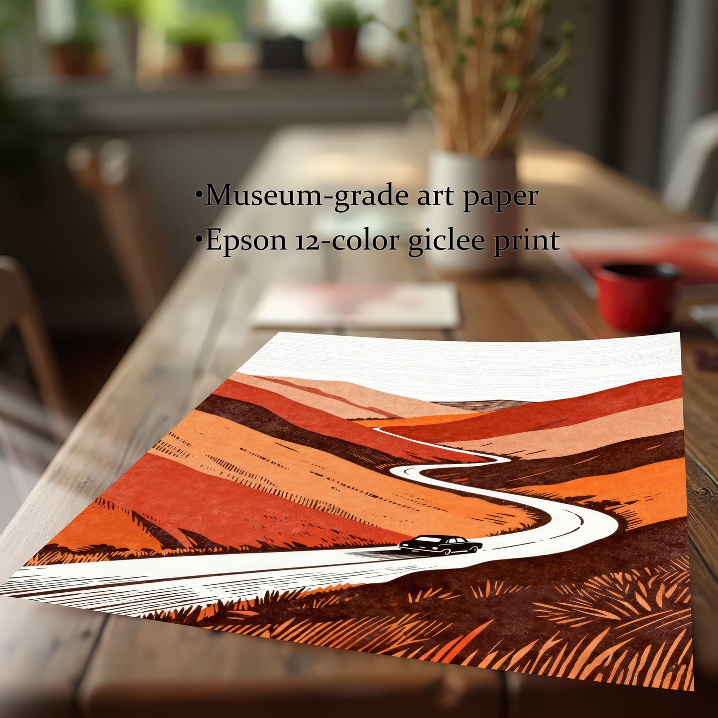 Close-up detail of the art print on a wooden table, highlighting the "Museum-grade art paper" and "Epson 12-color giclee print" quality textures.