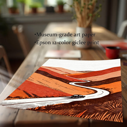 Close-up detail of the art print on a wooden table, highlighting the "Museum-grade art paper" and "Epson 12-color giclee print" quality textures.