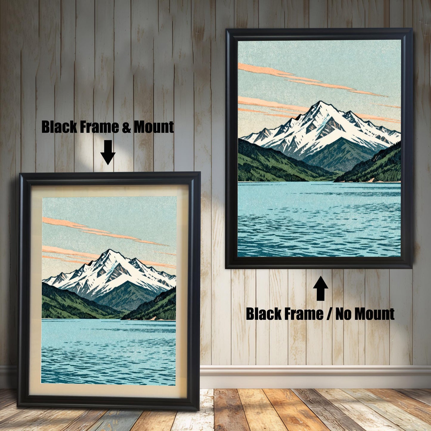 Two side-by-side examples of the mountain art print in black wood frames; one shown with a cream mat board (mount) and one shown as a full print without a mount.