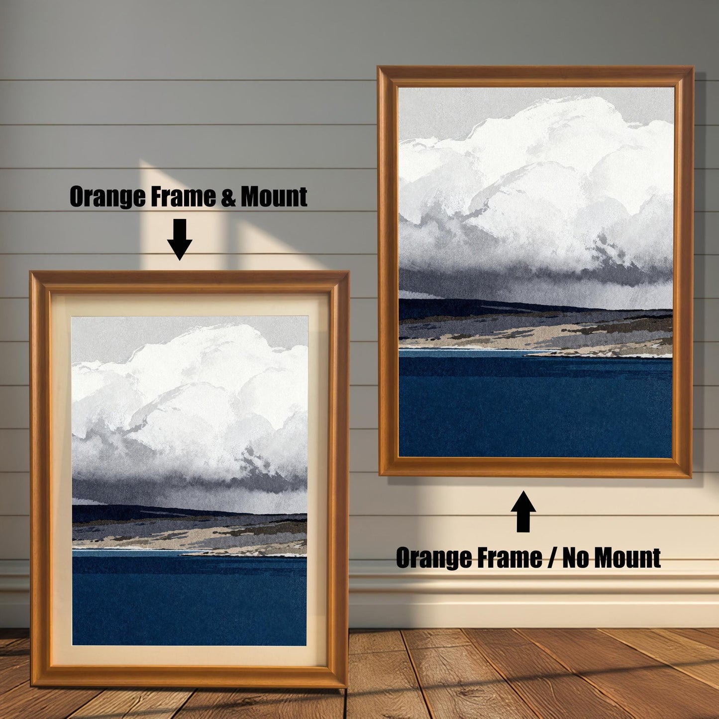 A side-by-side comparison of the abstract artwork in an orange-toned wood frame; one version shows the print with a cream-colored mat mount and the other without a mount.