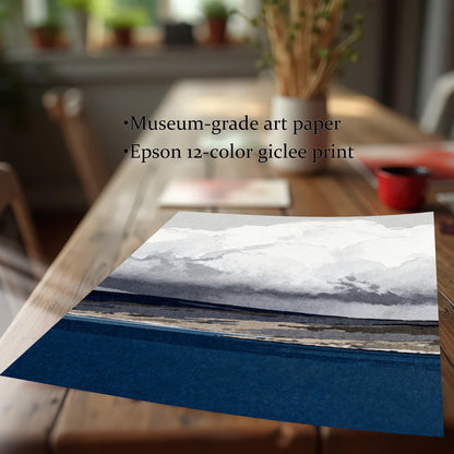 A close-up view of the unframed art print resting on a wooden table, highlighting the high-quality museum-grade paper and 12-color giclee print texture.
