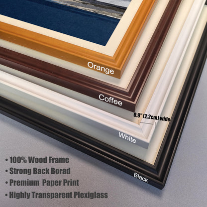A close-up detail shot of four frame corner samples stacked together, showing the available colors: Orange, Coffee, White, and Black, with a notation that the wood frame is 0.9 inches wide.