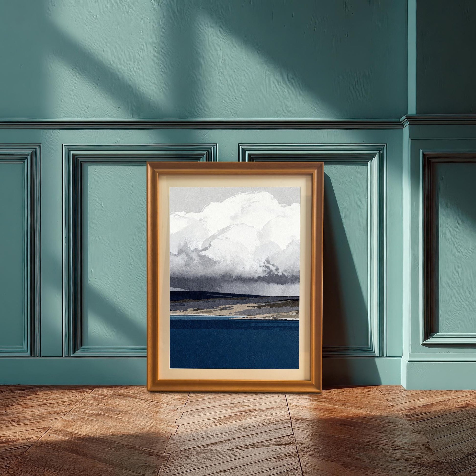 An orange-toned wood-framed print with a mat mount leaning against a teal-blue paneled wall on a herringbone wood floor, captured in soft natural sunlight.