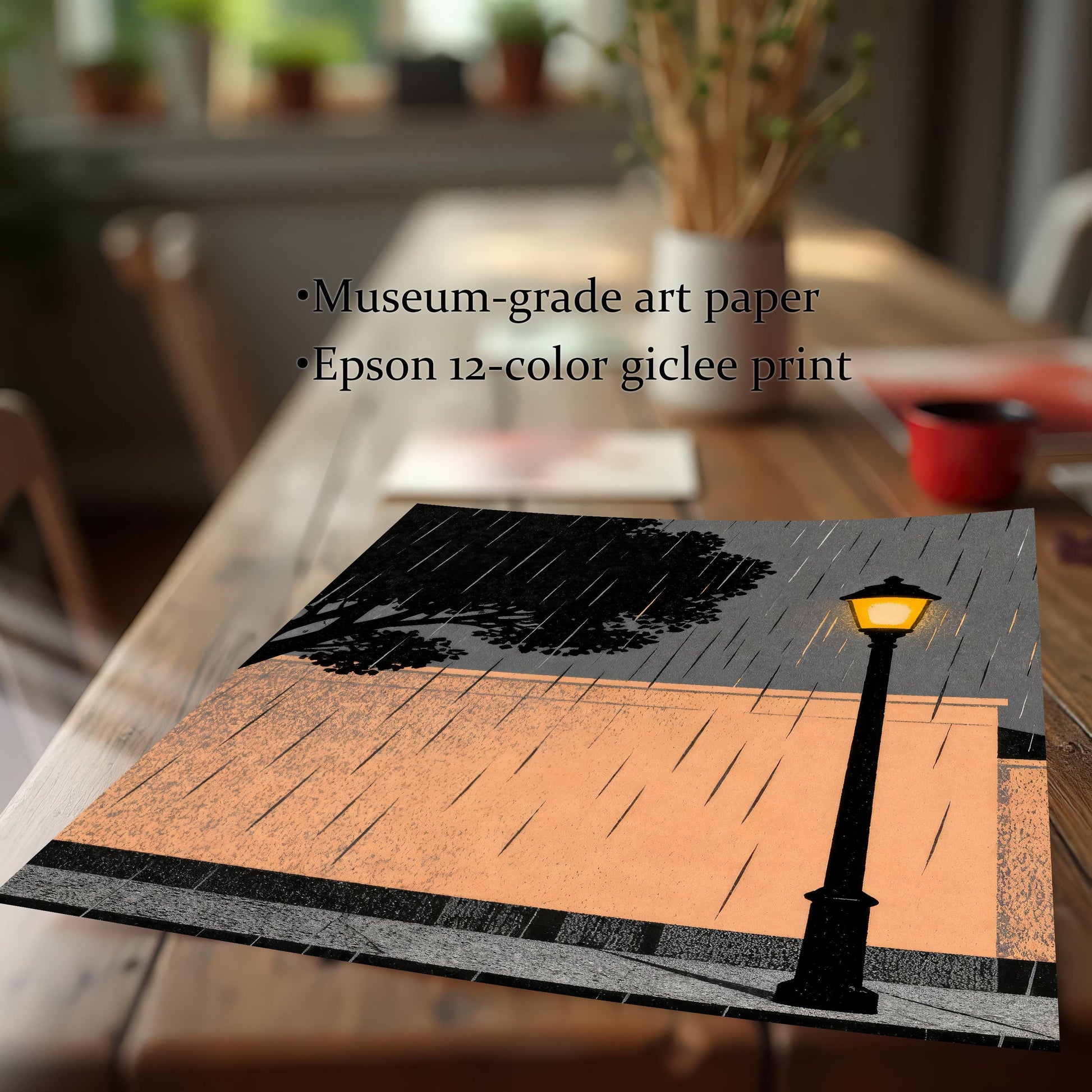 Close-up of an unframed art print on a wooden table, highlighting the high-quality museum-grade paper and vibrant Epson 12-color giclee printing process.