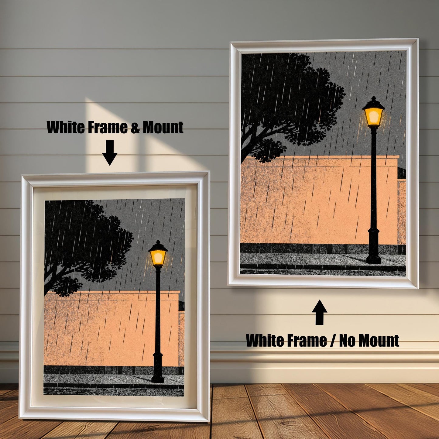 Comparison of the white wood frame option showing two styles: "White Frame & Mount" (with a border) and "White Frame / No Mount" (full bleed print) against a neutral paneled wall.