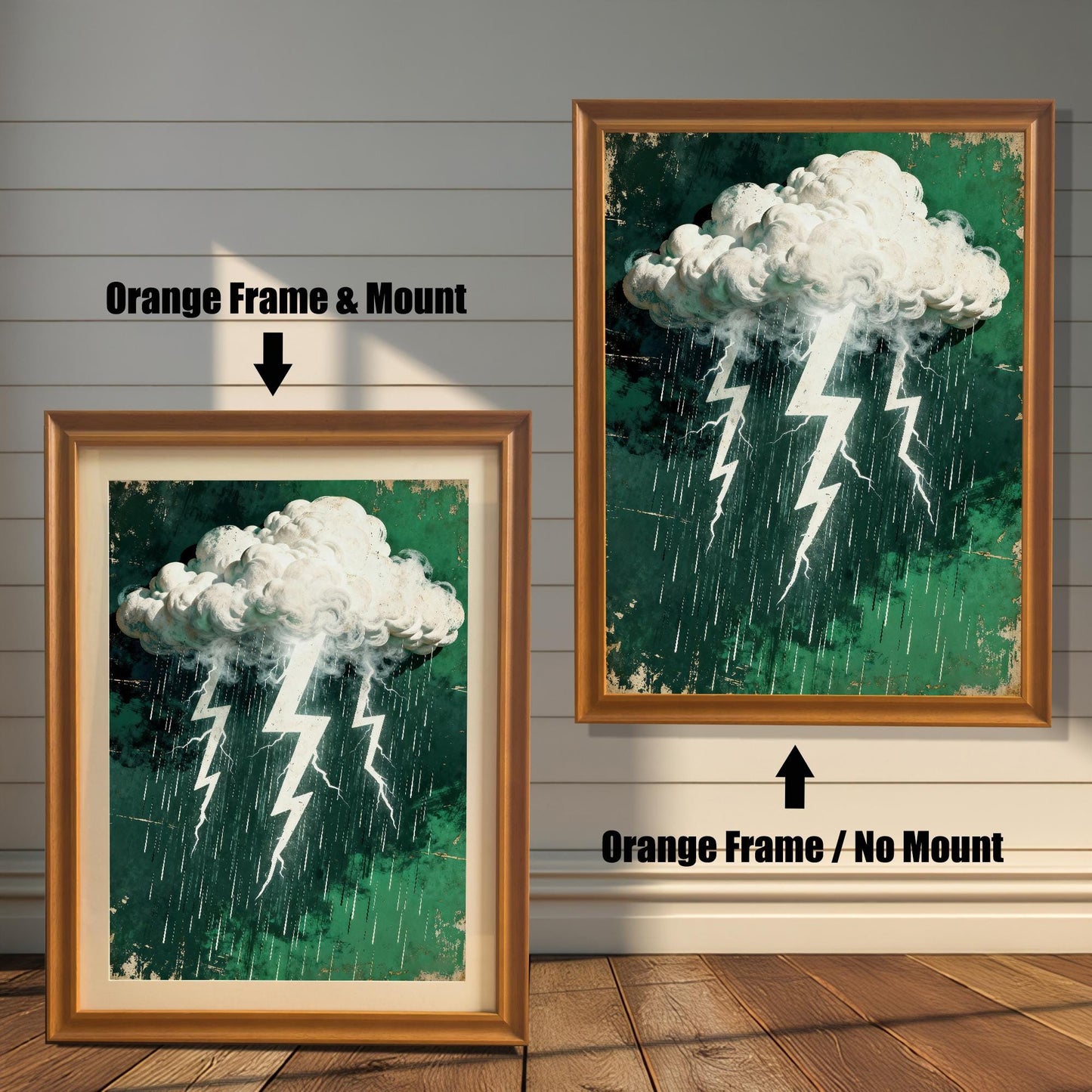 Comparison image of the stormy cloud and lightning art print: A smaller print in an 'Orange' wood frame with a mount, next to a larger print in an 'Orange' wood frame without a mount.