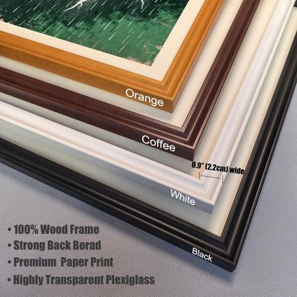 Close-up stacked corner view of the four available wood frame colors: Orange, Coffee, White, and Black. Text highlights frame materials: '100% Wood Frame', 'Highly Transparent Plexiglass', and '0.9" (2.2cm) wide'.
